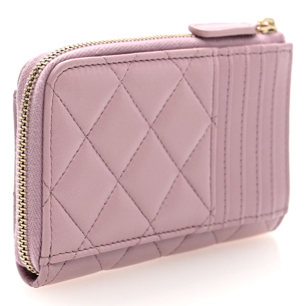 Lambskin Quilted Pearl Crystal CC Zip Around  Holder Pink