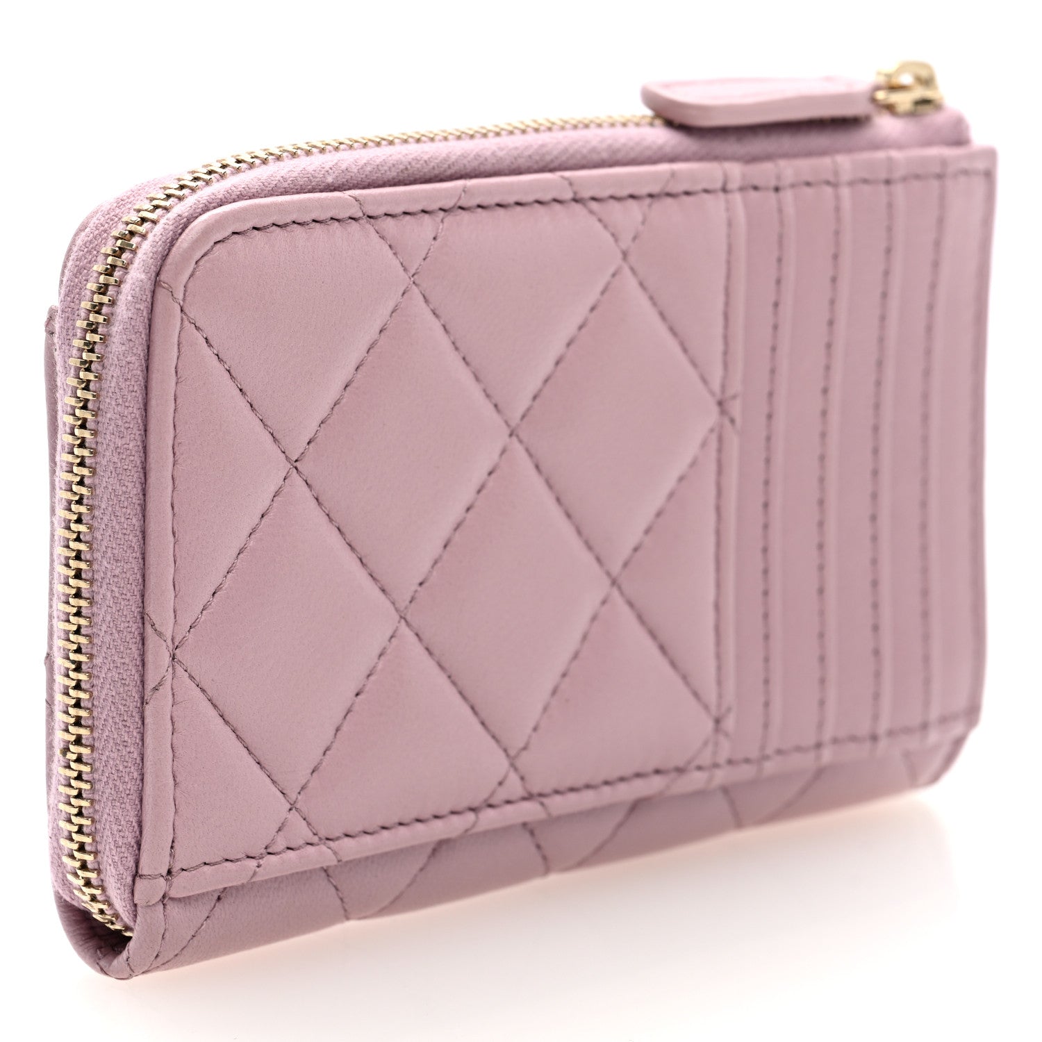 Lambskin Quilted Pearl Crystal CC Zip Around  Holder Pink