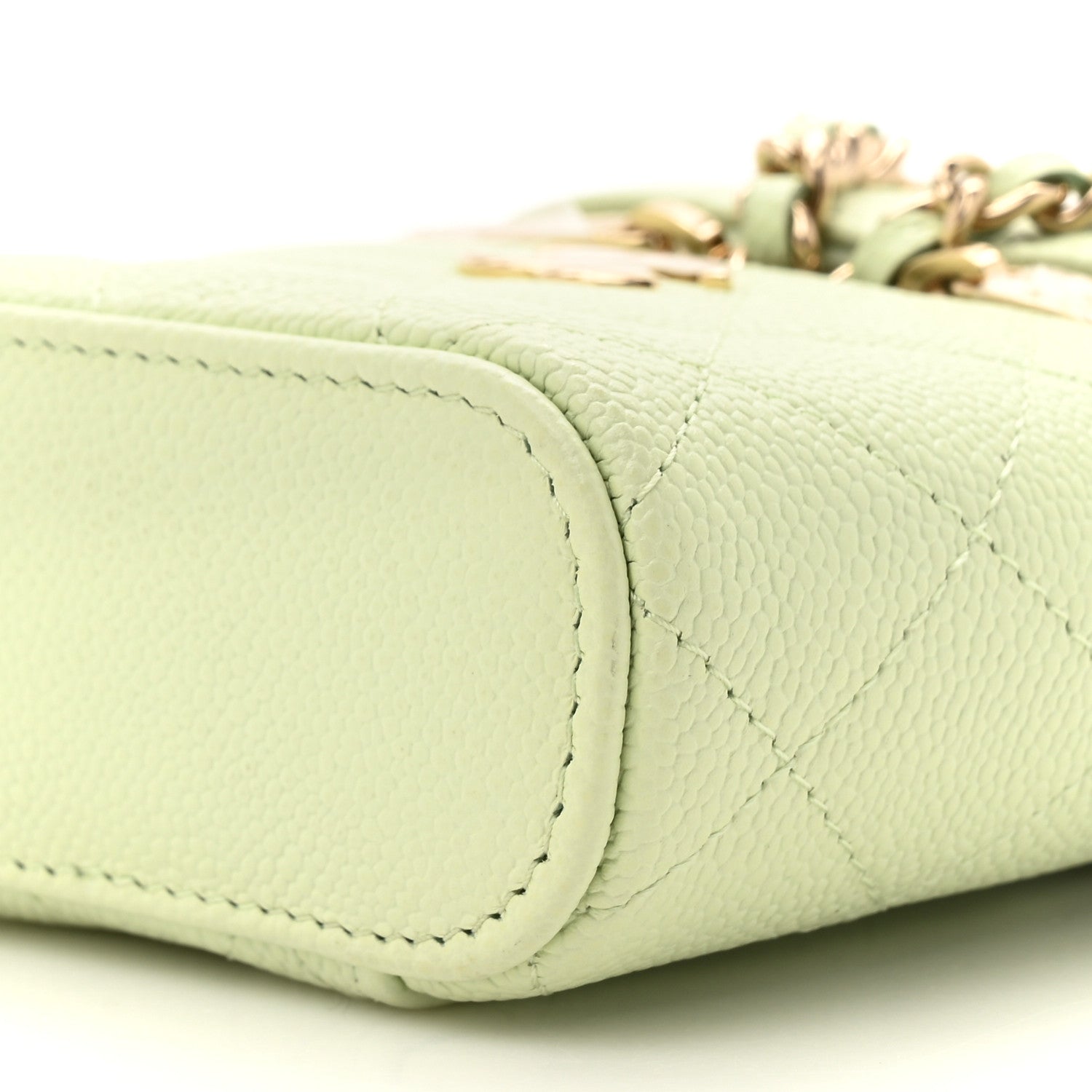 Caviar Quilted Small Handle With Care Vanity Case With Chain Light Green