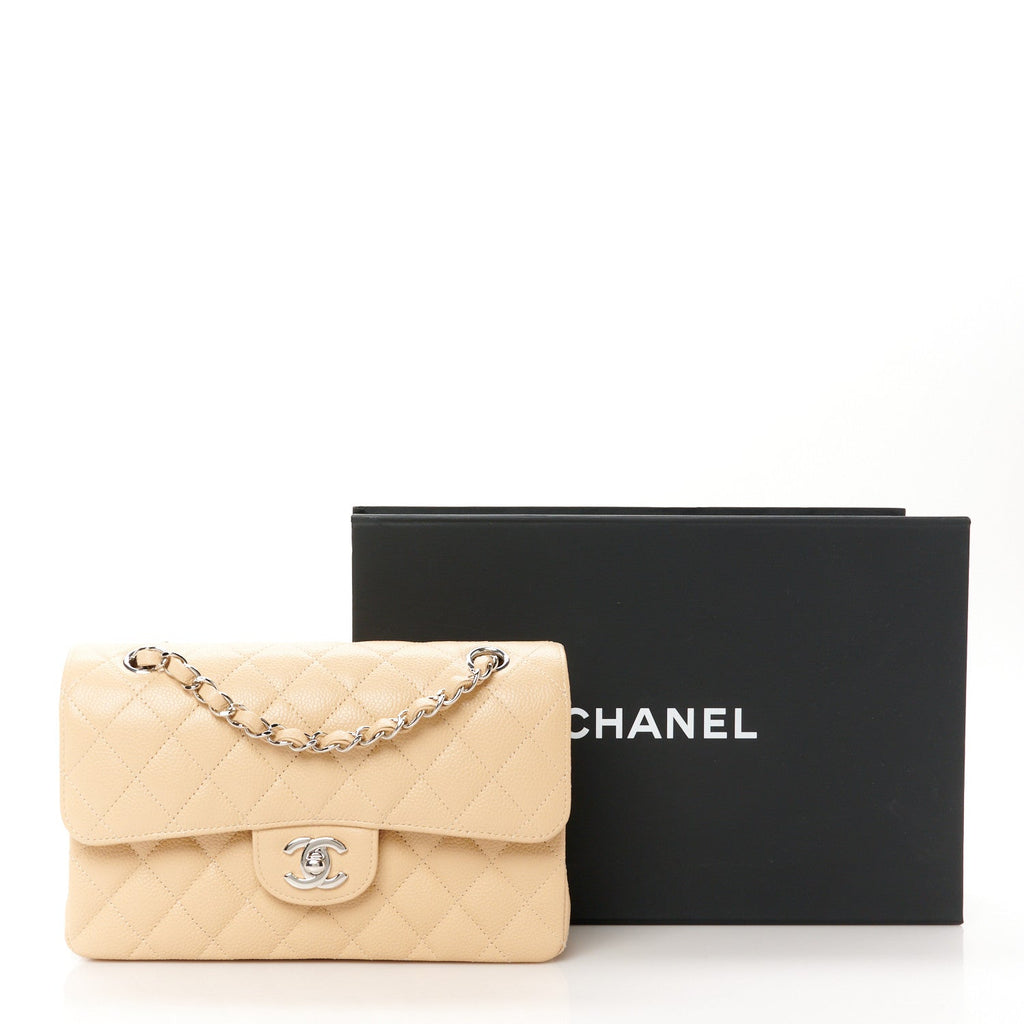Caviar Quilted Small Double Flap Beige