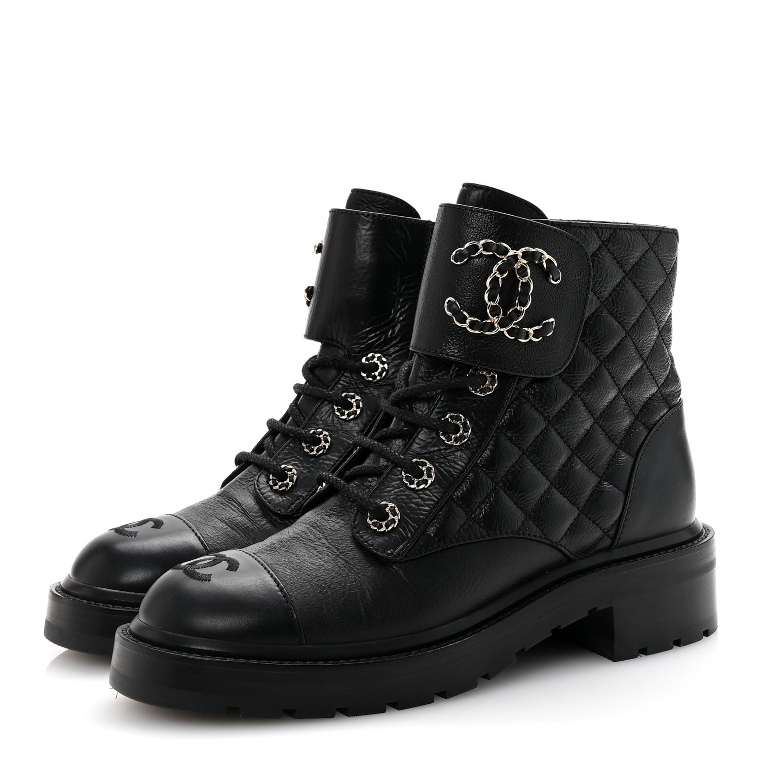 Shiny Lambskin Quilted Lace Up Combat Boots 38 Black