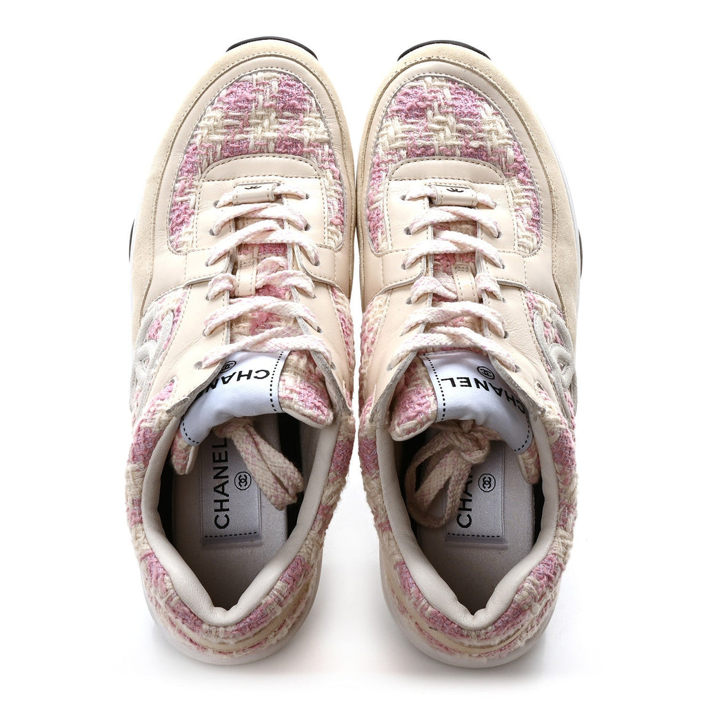 Tweed Suede Calfskin Womens CC Sneakers 39 Pink Ecru