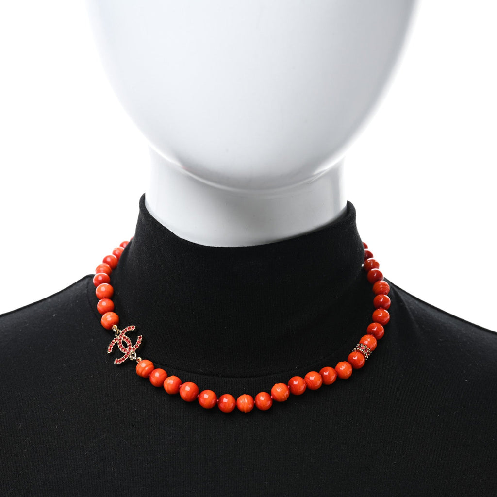 Pearl Glass Bead CC Necklace Golden Red