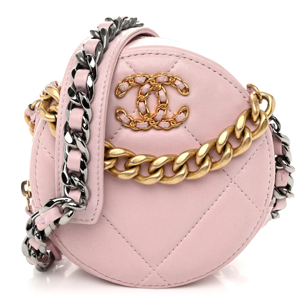 Lambskin Quilted Chanel 19 Round Clutch With Chain Pink