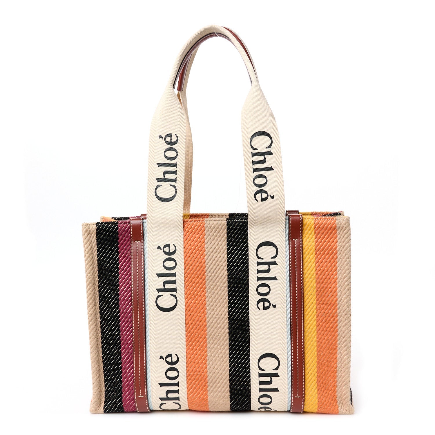Cotton Calfskin Medium Woody Striped Tote Multicolor