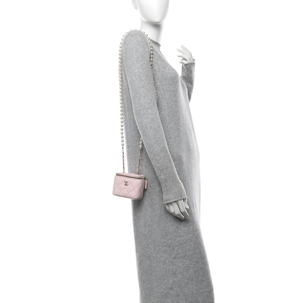 Lambskin Quilted Mini Vanity Case With Pearl Chain Light Pink