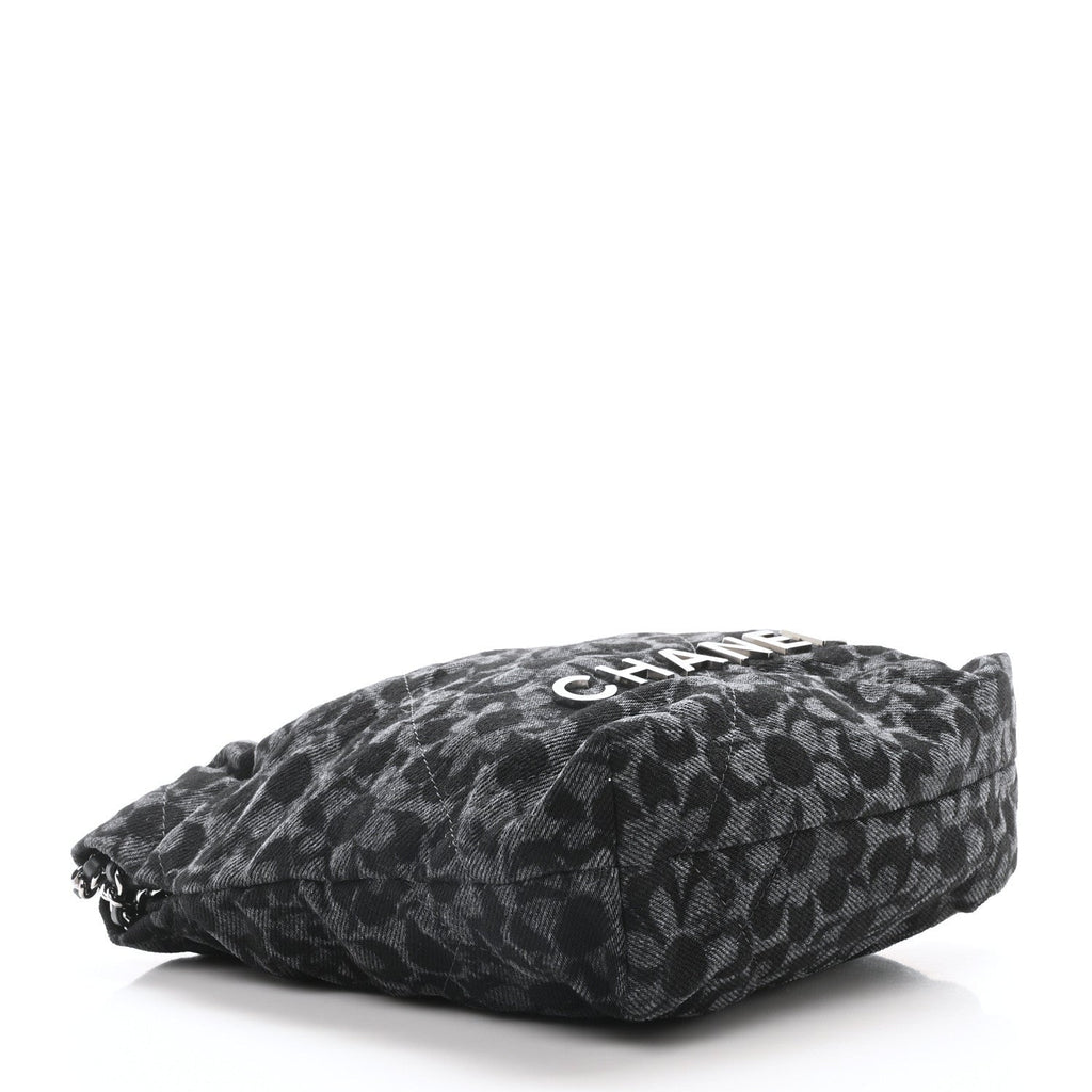 Denim Quilted Floral Print Mini Chanel 22 Black Grey