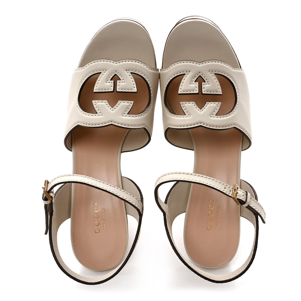 Cosmos Softy Calfskin Wooden Interlocking G Cut-Out 30/120mm Platform Sandals 40 Mystic White