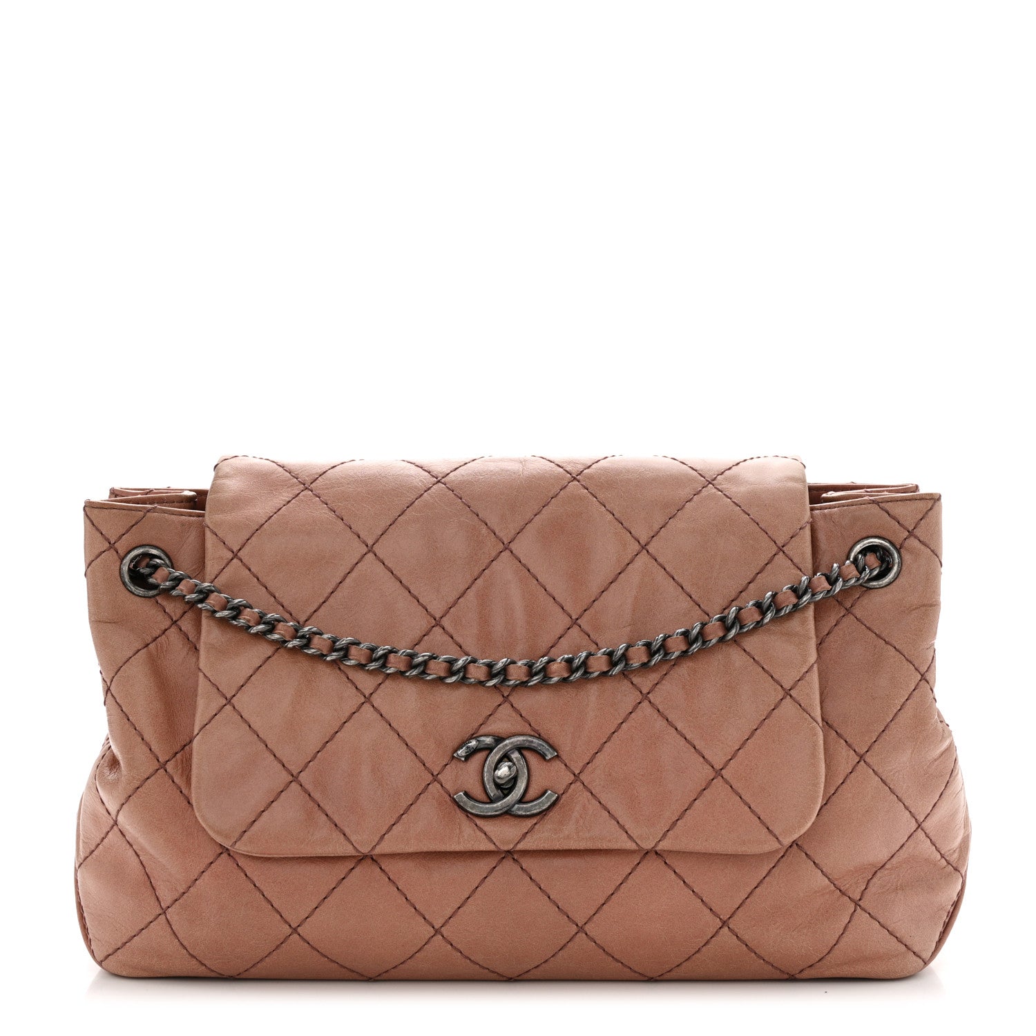 Aged Calfskin Quilted Chain Accordion Flap Dark Pink