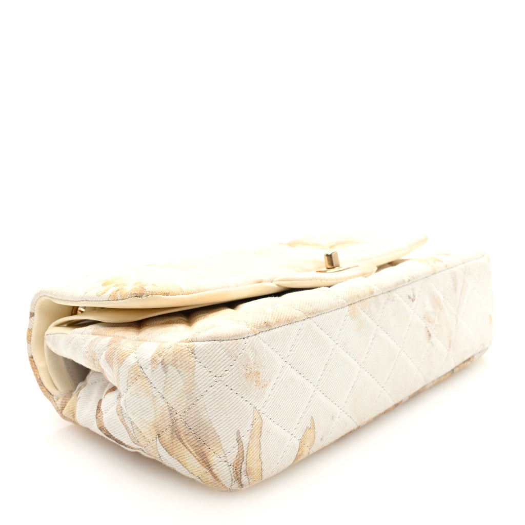 Denim Floral Printed Medium Double Flap Beige