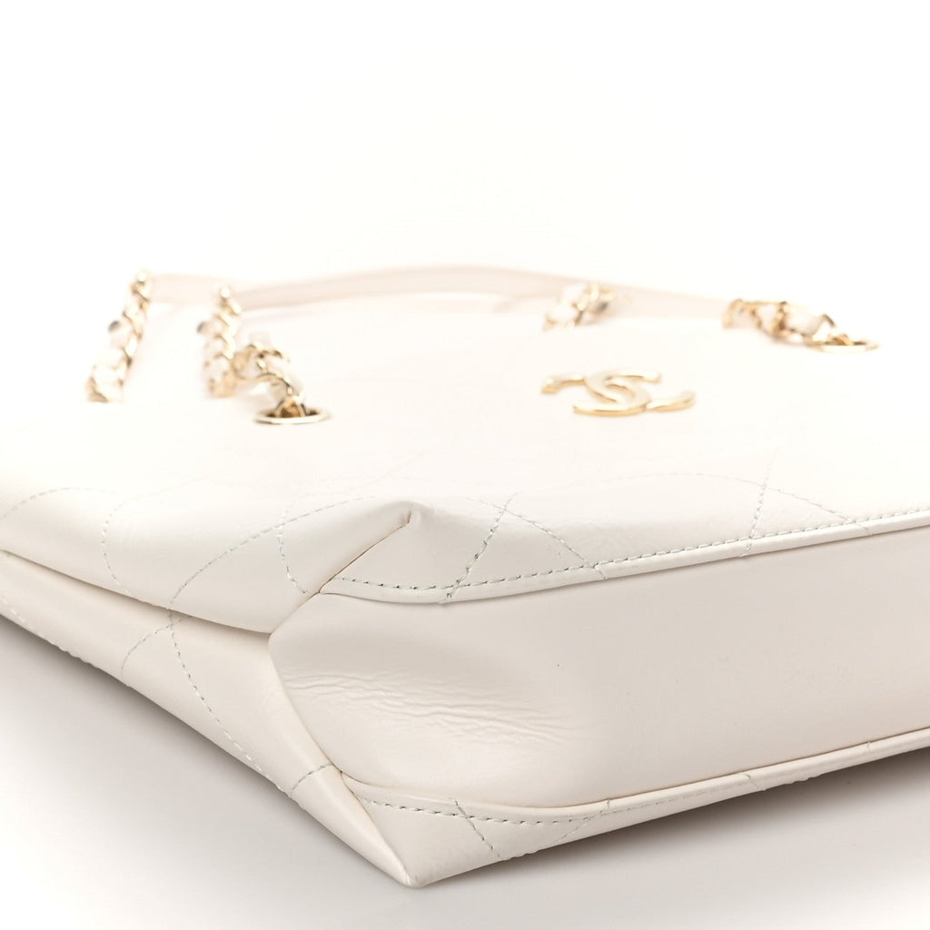 Glazed Calfskin Stitched Shopping Tote White