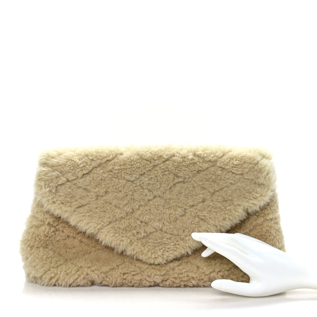 Shearling Lambskin Quilted Sade Puffer Envelope Clutch Natural Beige