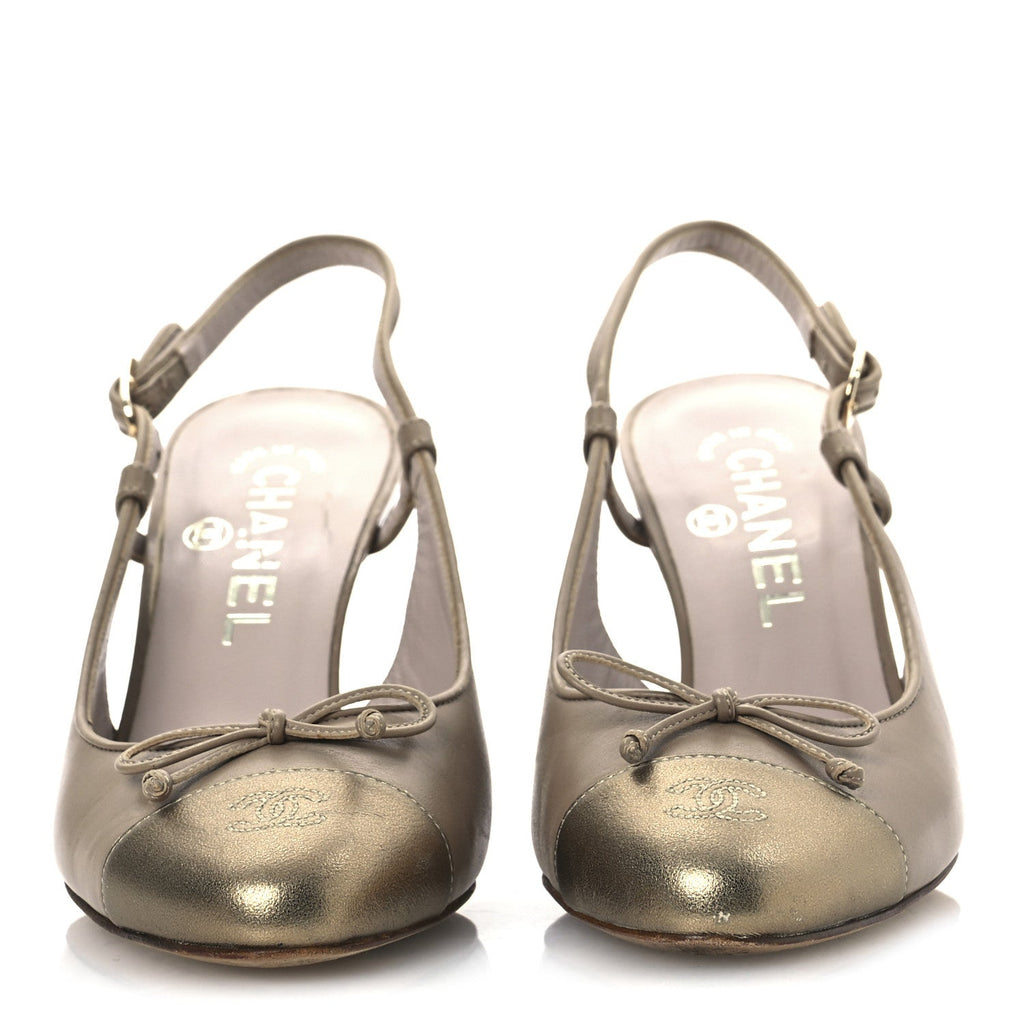 Metallic Lambskin Cap Toe CC Slingback Heels 36 Beige Gold