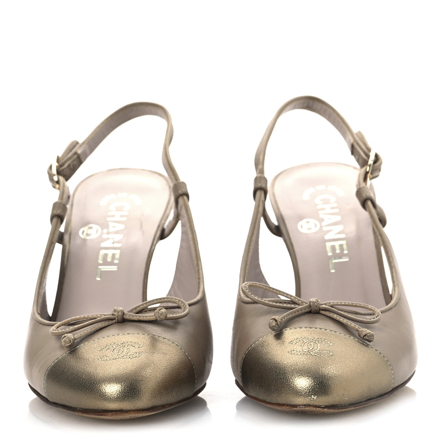 Metallic Lambskin Cap Toe CC Slingback Heels 36 Beige Gold