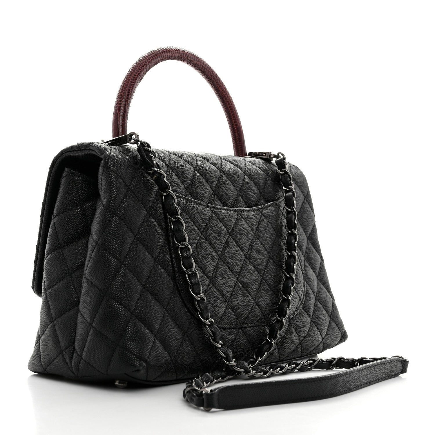 Caviar Lizard Embossed Quilted Small Coco Handle Flap Black