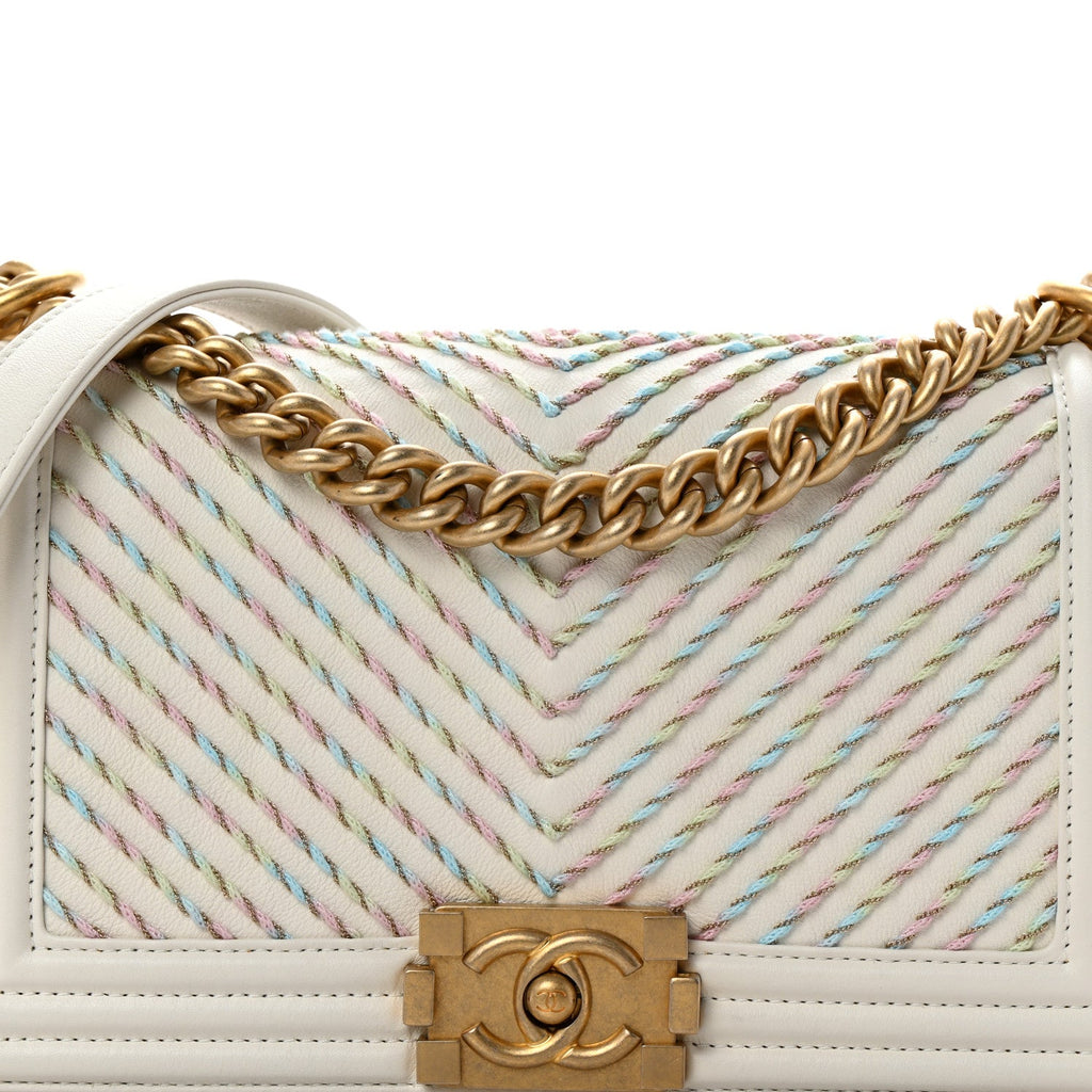Calfskin Chevron Embroidered Medium Boy By The Sea Flap White