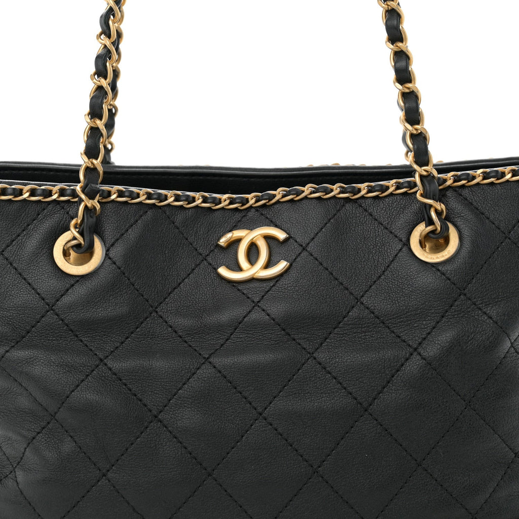 Calfskin Quilted Chain Lines Shopping Tote Black