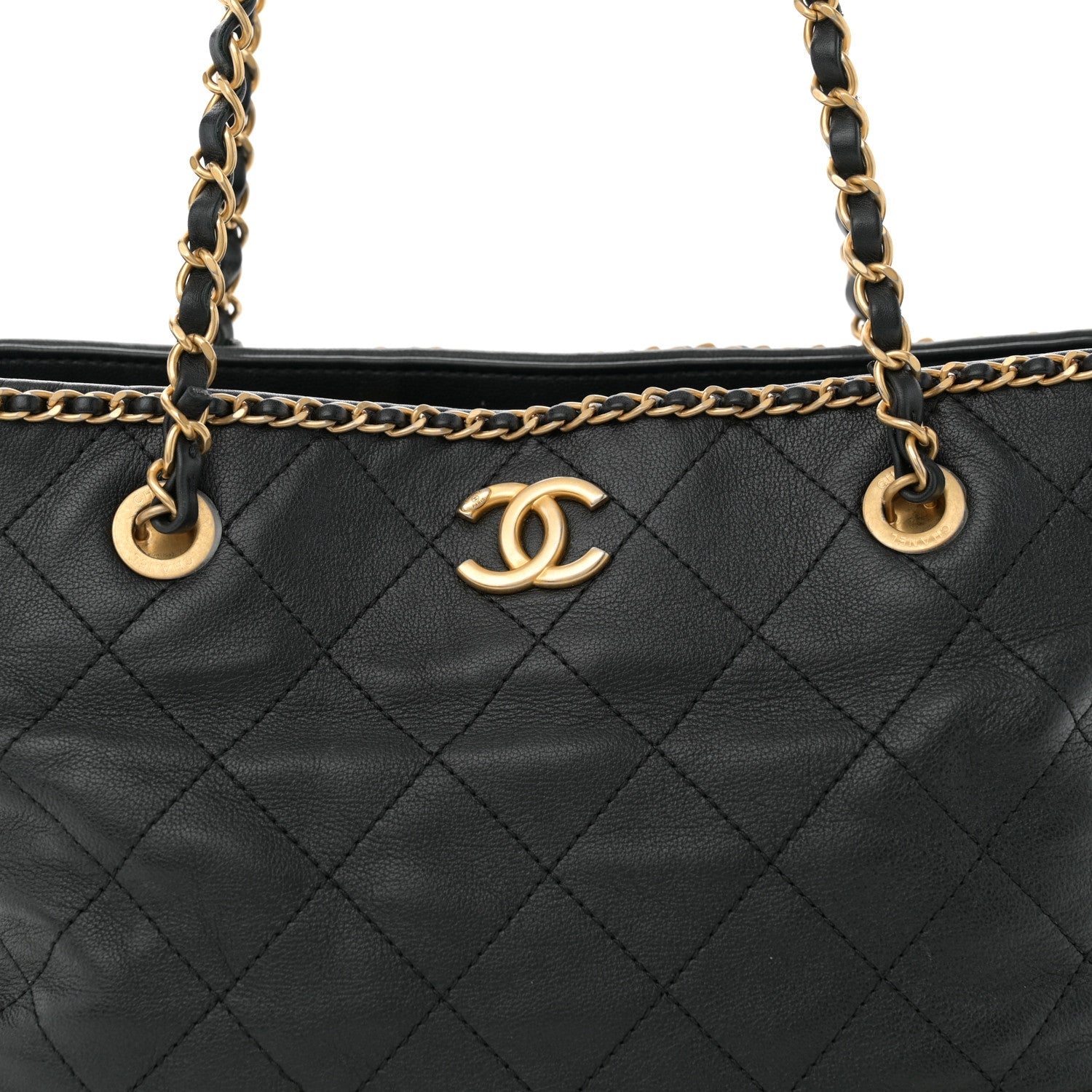 Calfskin Quilted Chain Lines Shopping Tote Black