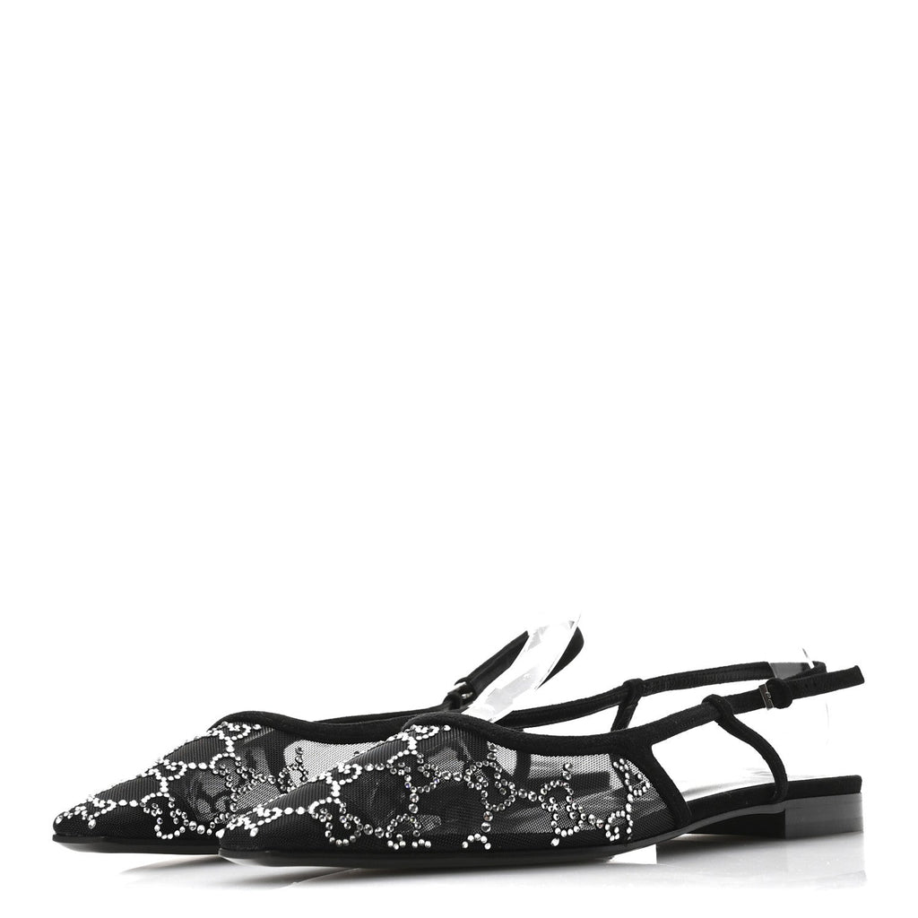 Tela Retino Kid Scamosciato Crystal GG Monogram Square Demi Ballet Flats 37 Black