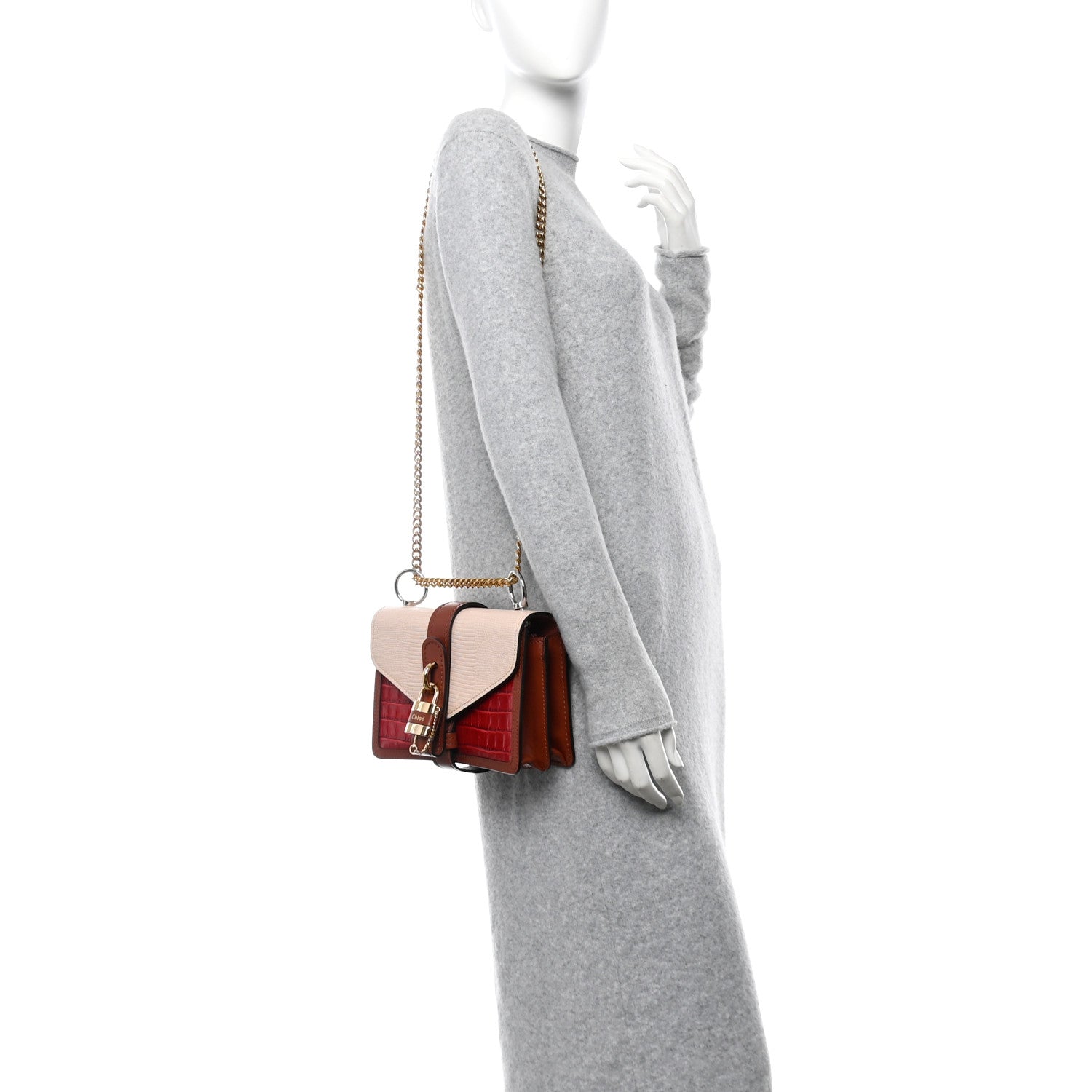 Calfskin Crocodile Embossed Aby Chain Shoulder Bag Pink Red