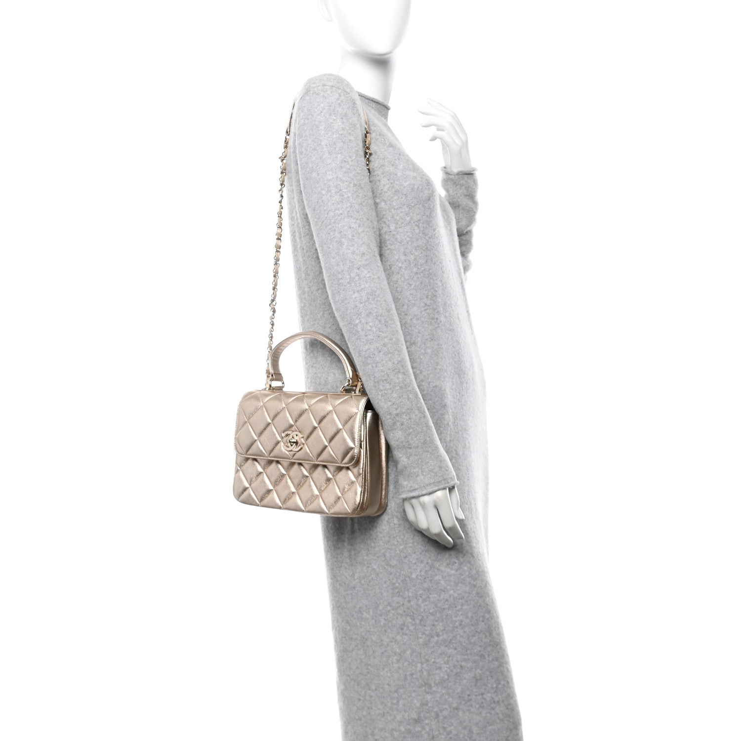 Metallic Lambskin Quilted Small Trendy CC Flap Dual Handle Bag Gold