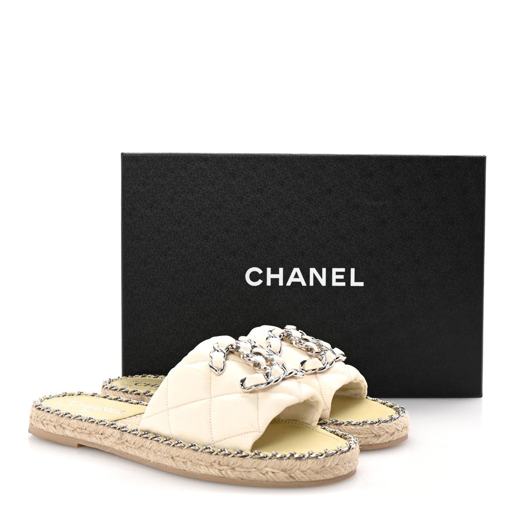 Lambskin Quilted CC Chain Espadrille Mules 37 White
