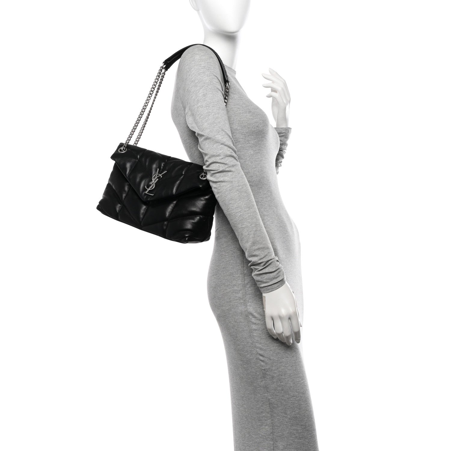Lambskin Quilted Small Loulou Puffer Monogram Chain Satchel Black