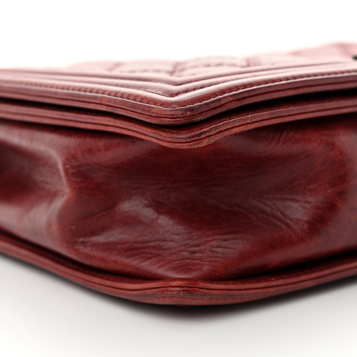 Calfskin Quilted Double Stitch Large Boy Flap Burgundy