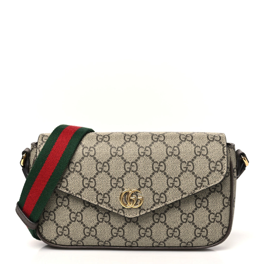 GG Supreme Monogram Textured Dollar Calfskin Web Mini Ophidia Envelope Shoulder Bag Beige Ebony