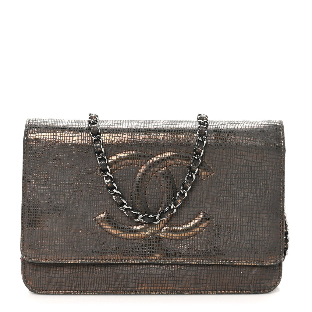 Iridescent Lizard Embossed Timeless CC Wallet on Chain WOC Brown