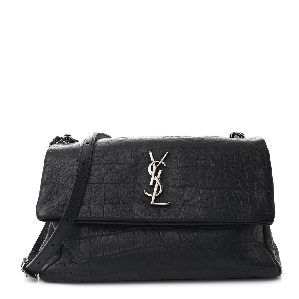 Calfskin Crocodile Embossed Medium West Hollywood Monogram Fold-Over Black