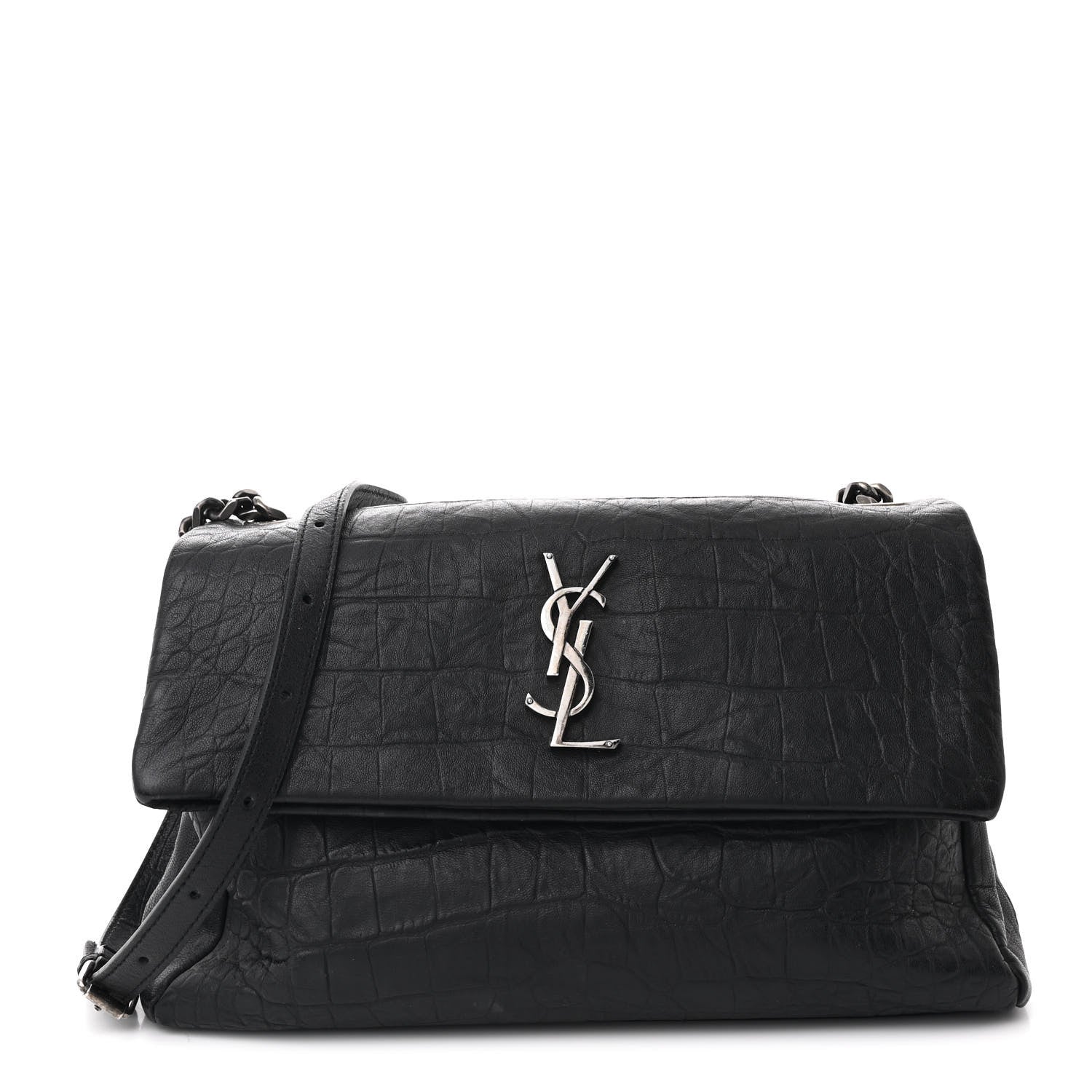 Calfskin Crocodile Embossed Medium West Hollywood Monogram Fold-Over Black