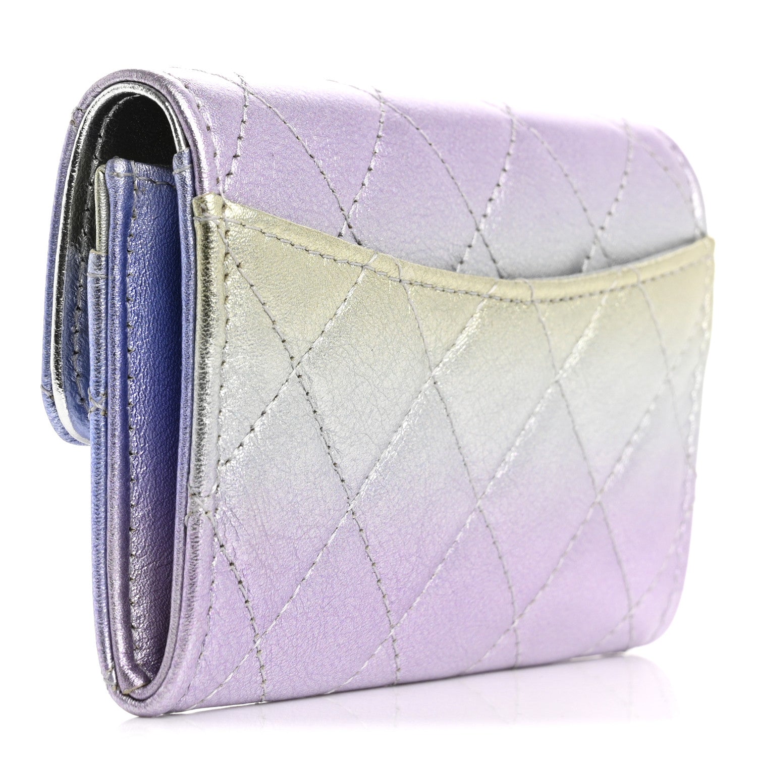 Gradient Metallic Calfskin Quilted Flap  Holder Wallet Silver Blue Yellow Purple