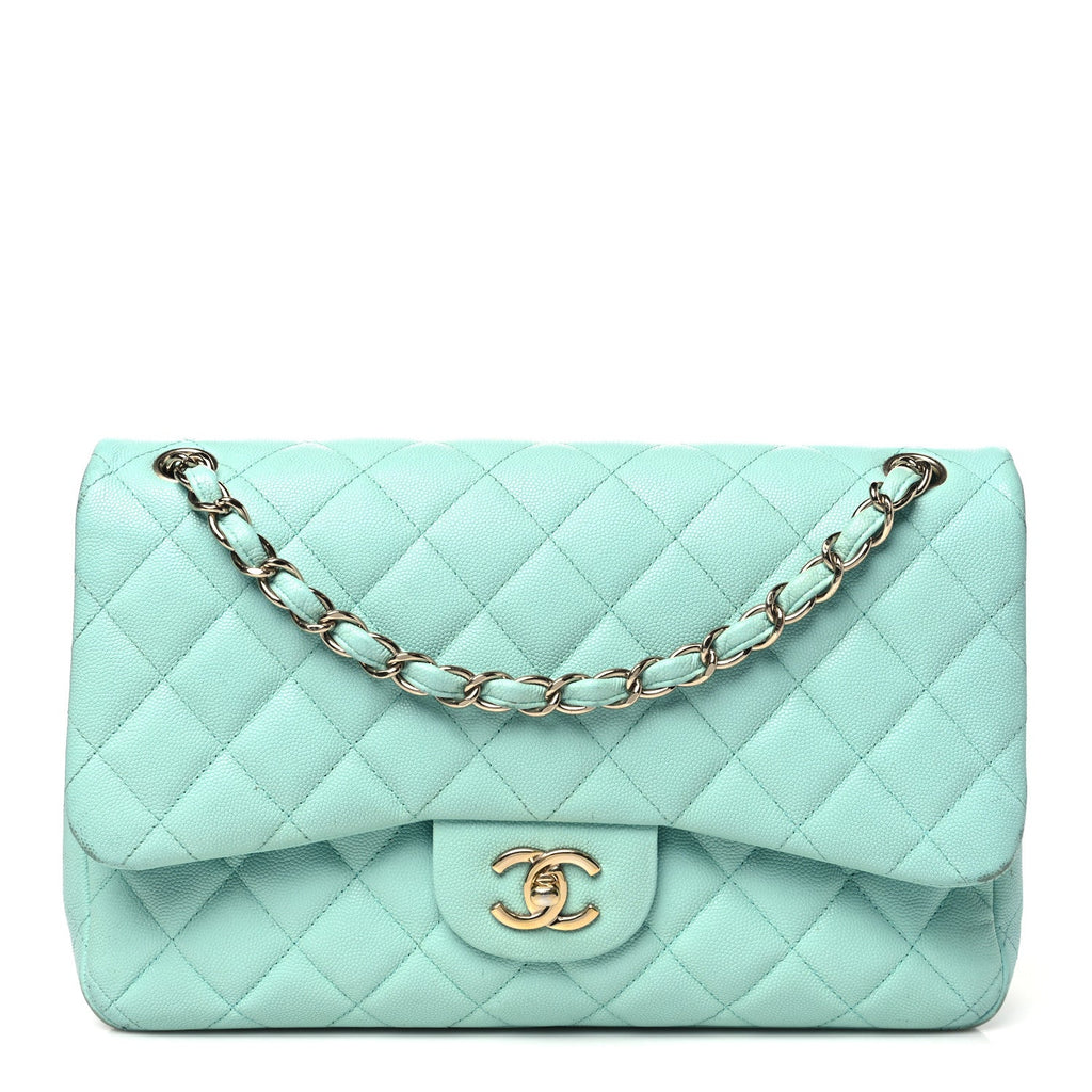 Caviar Quilted Jumbo Double Flap Light Green