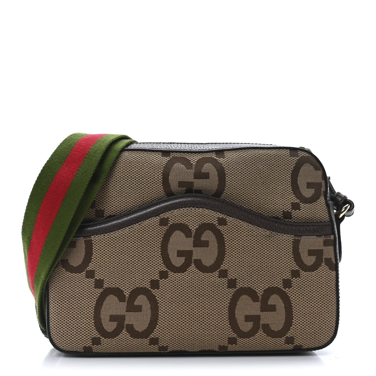 Monogram Jumbo GG Textured Dollar Calfskin Web Messenger Shoulder Bag Camel Ebony New Acero