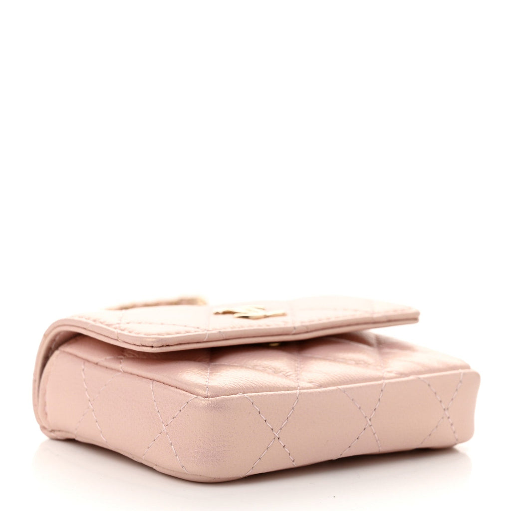 Iridescent Caviar Quilted Pearl On Top Coin Purse With Chain Light Pink