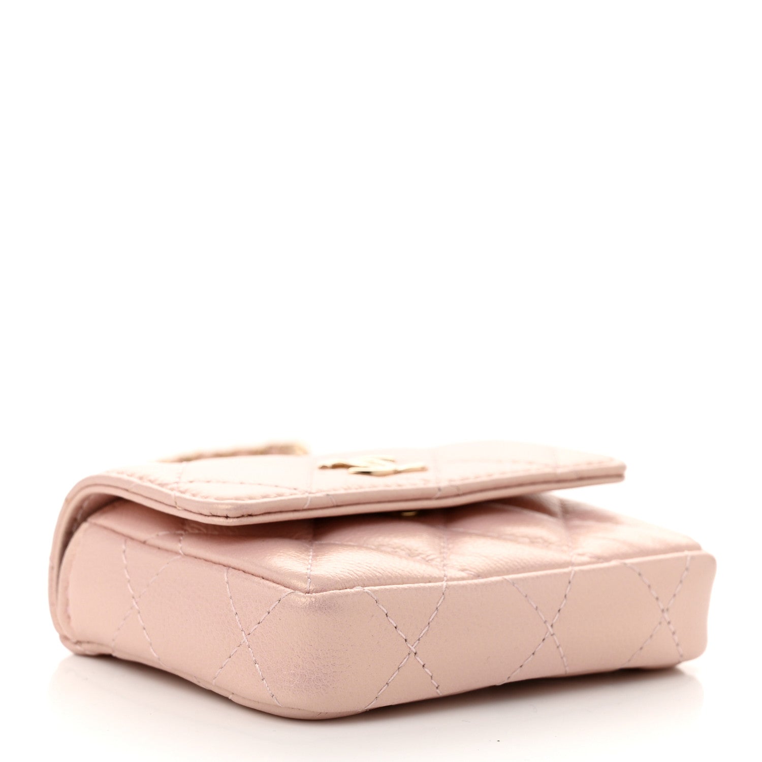 Iridescent Caviar Quilted Pearl On Top Coin Purse With Chain Light Pink
