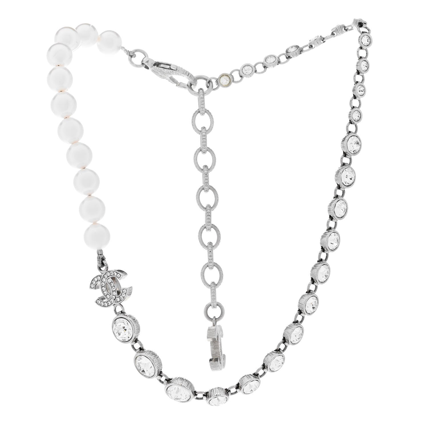 Pearl Crystal CC Choker Necklace Silver