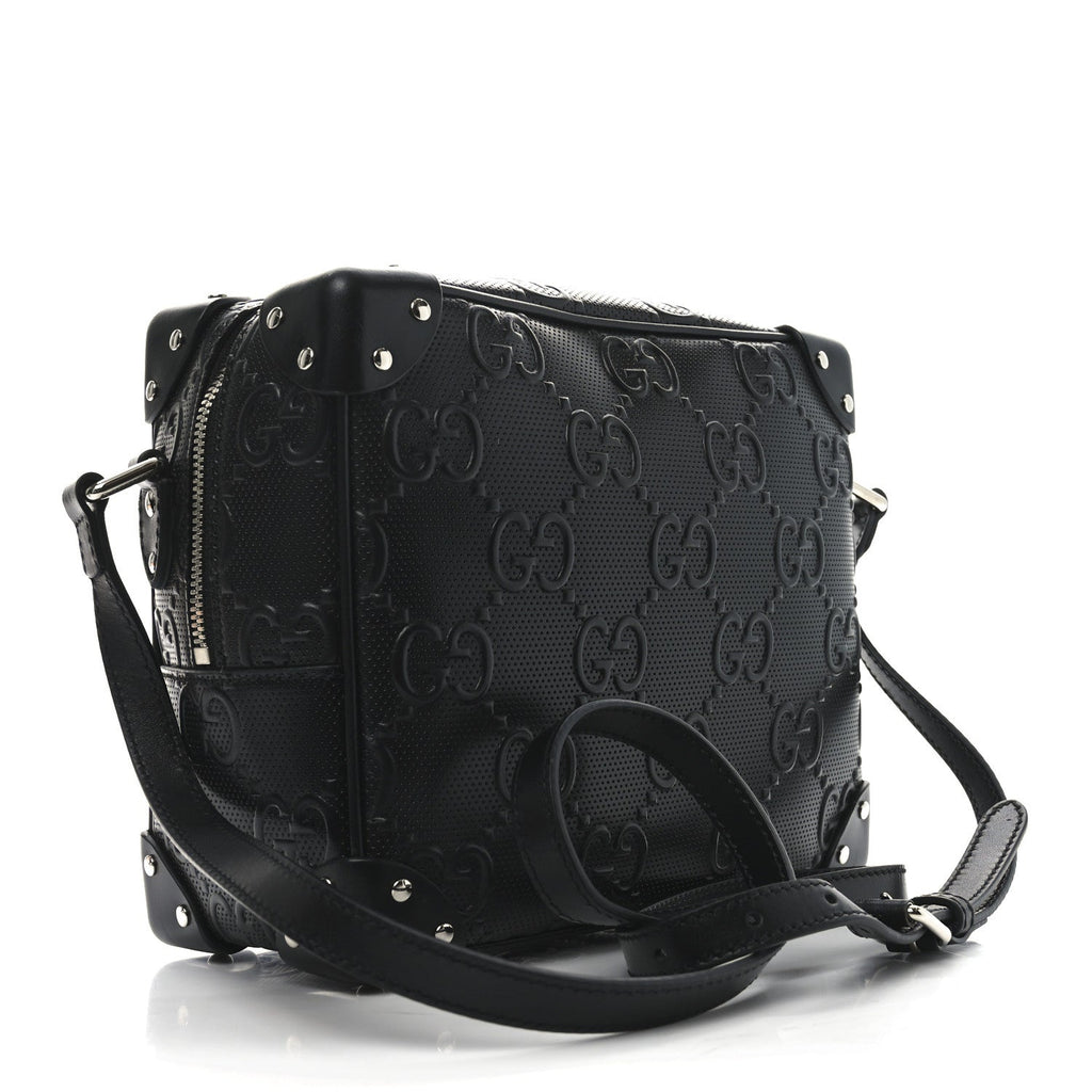 Calfskin GG Tennis Embossed Square Messenger Bag Black