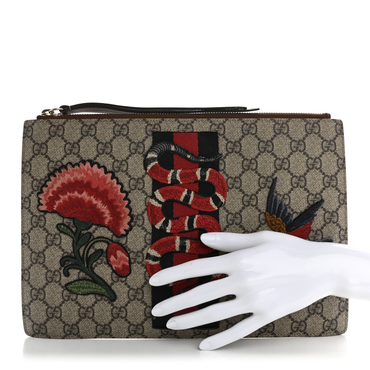 GG Supreme Monogram Web Kingsnake Embroidered Large Zip Pouch Brown