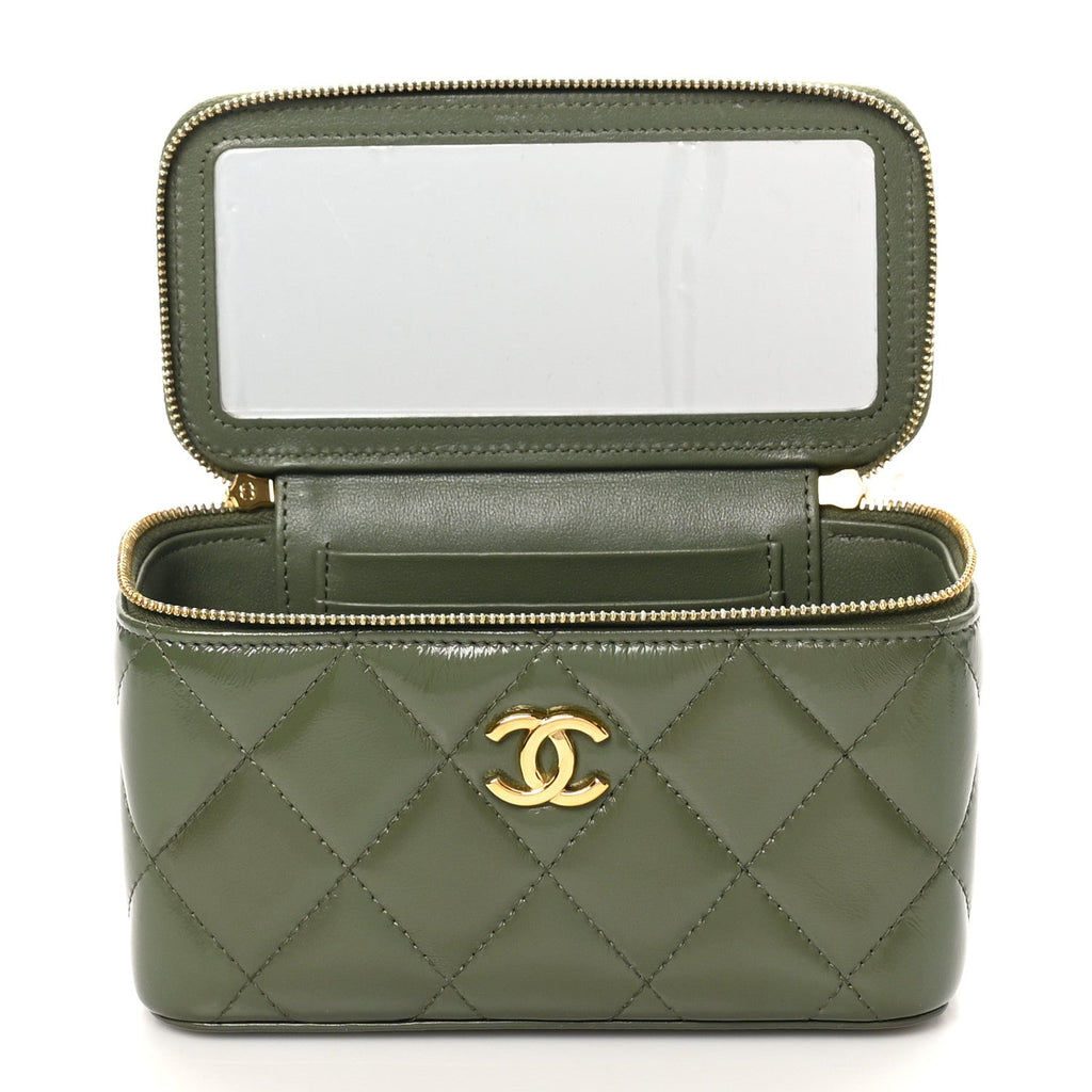 Shiny Crumpled Calfskin Quilted Pick Me Up Vanity Case Khaki