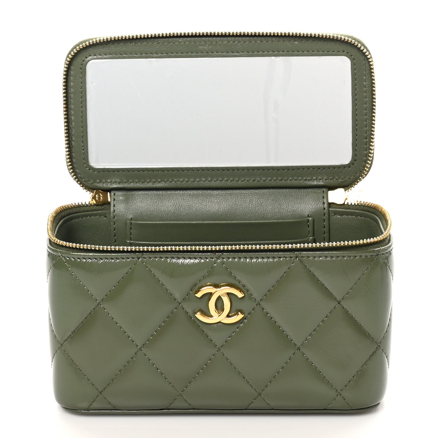 Shiny Crumpled Calfskin Quilted Pick Me Up Vanity Case Khaki