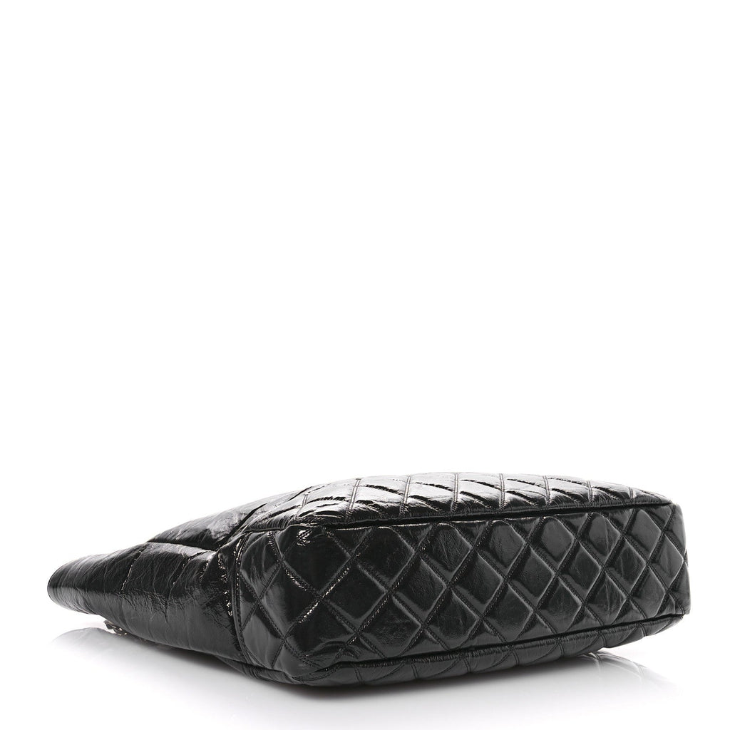 Shiny Aged Calfskin Quilted Large Shopping Bag Black