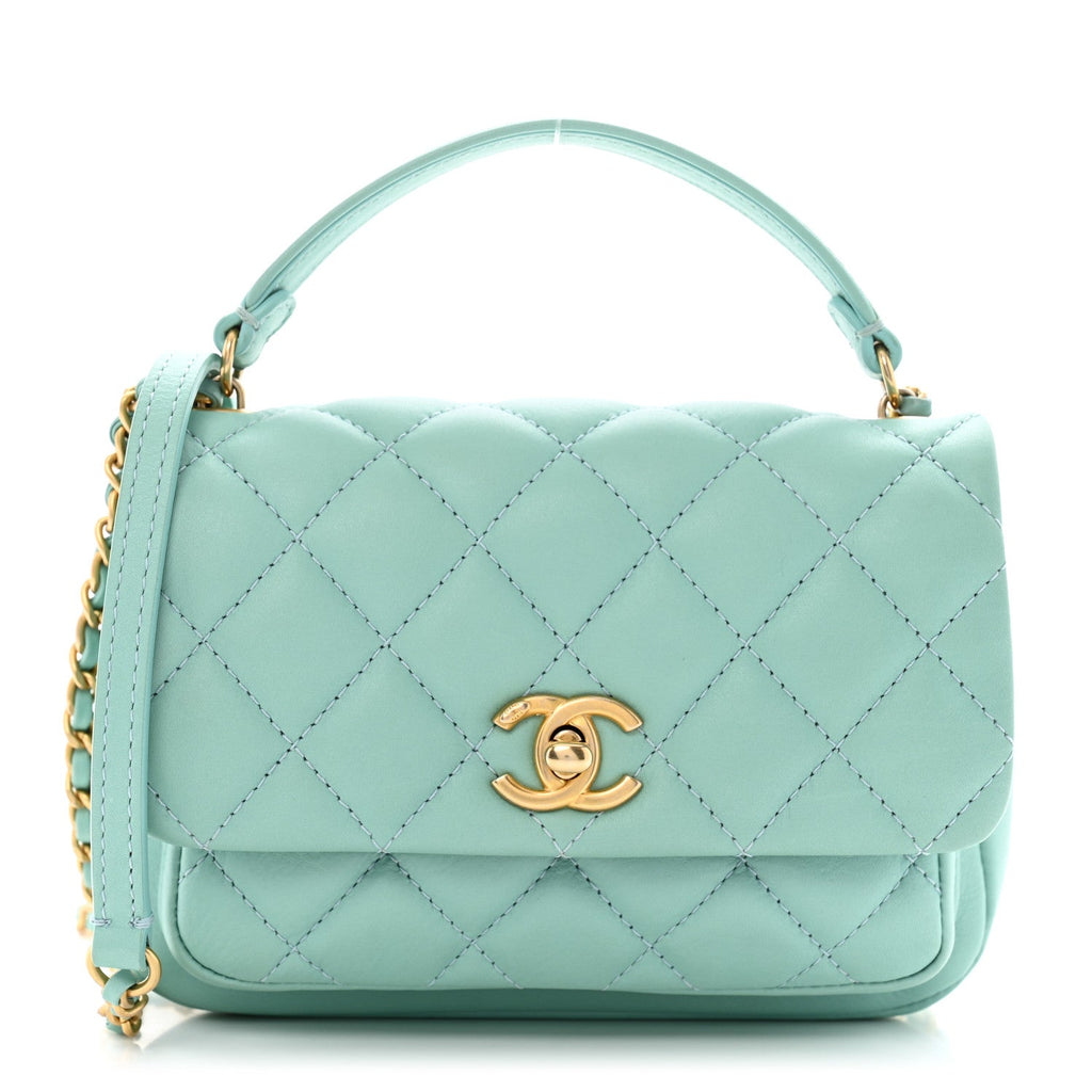 Calfskin Quilted Top Handle Flap Light Blue