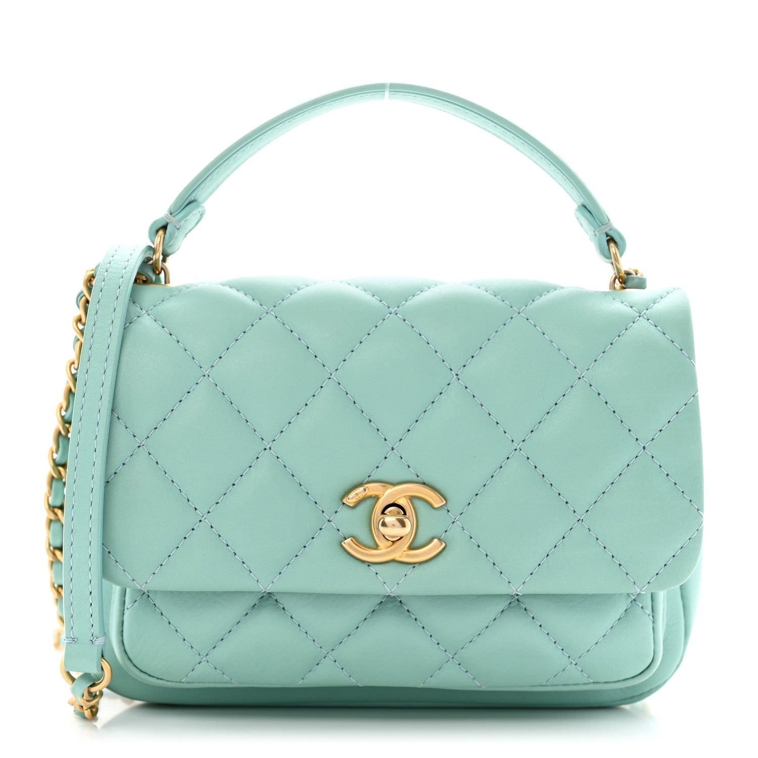 Calfskin Quilted Top Handle Flap Light Blue