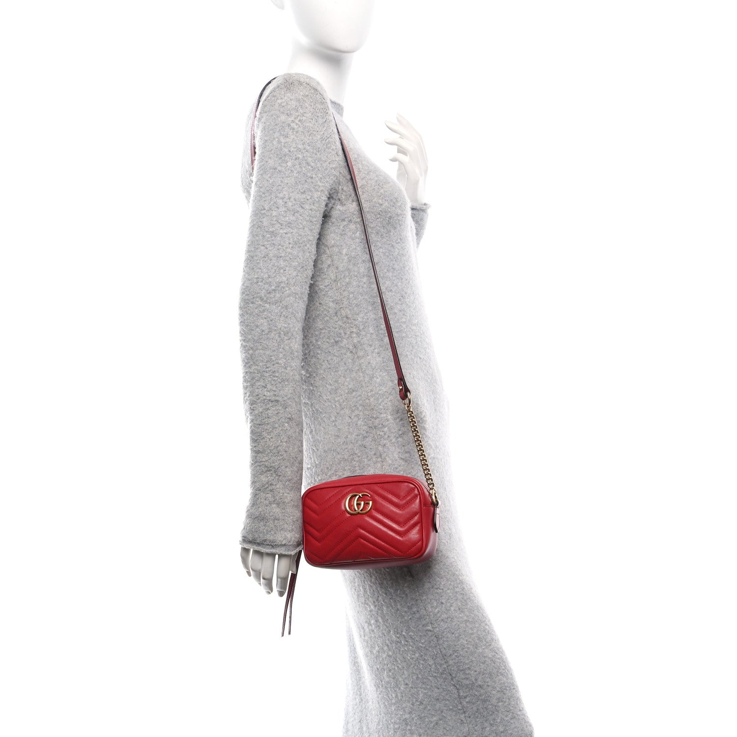 Calfskin Matelasse Mini GG Marmont Chain Shoulder Bag Hibiscus Red
