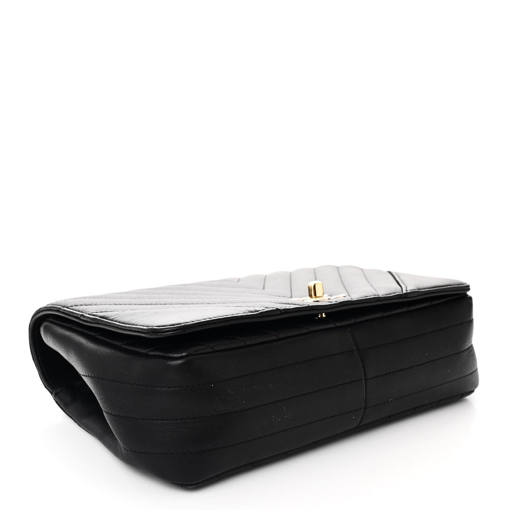 Calfskin Chevron Quilted Small Statement Flap Black
