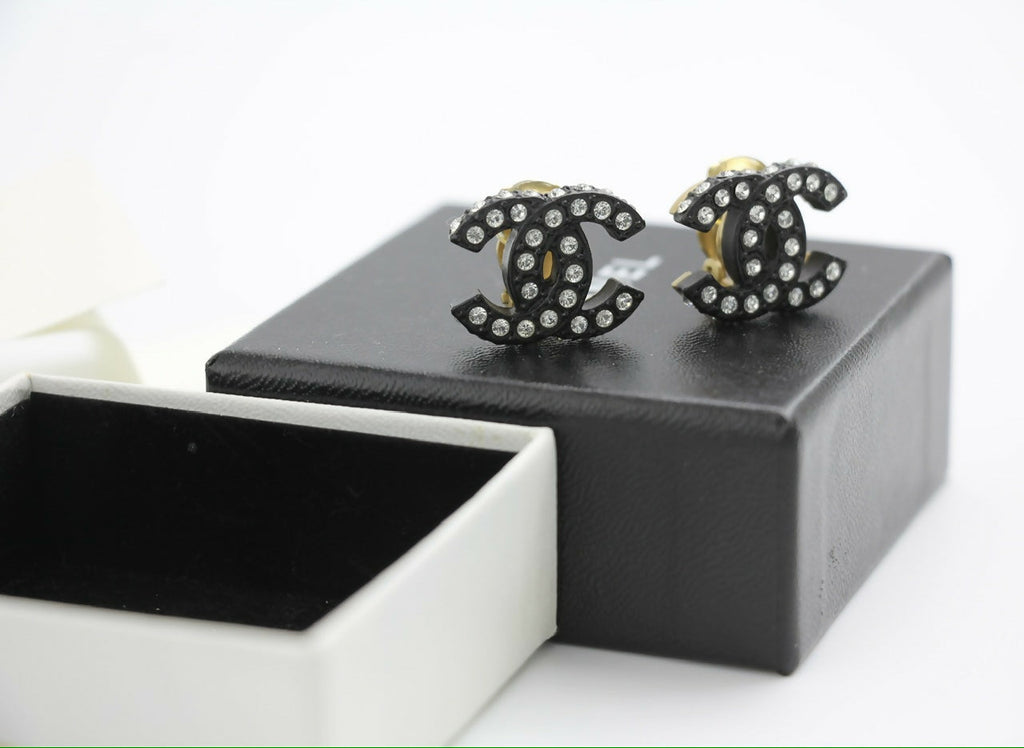Chanel Vintage 02A Rhinestone Black CC Logo Clip-on Earrings