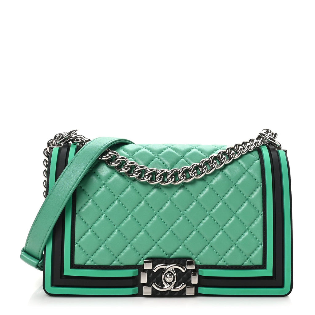 Lambskin Rubber Quilted Medium Two Tone Boy Flap Green Black
