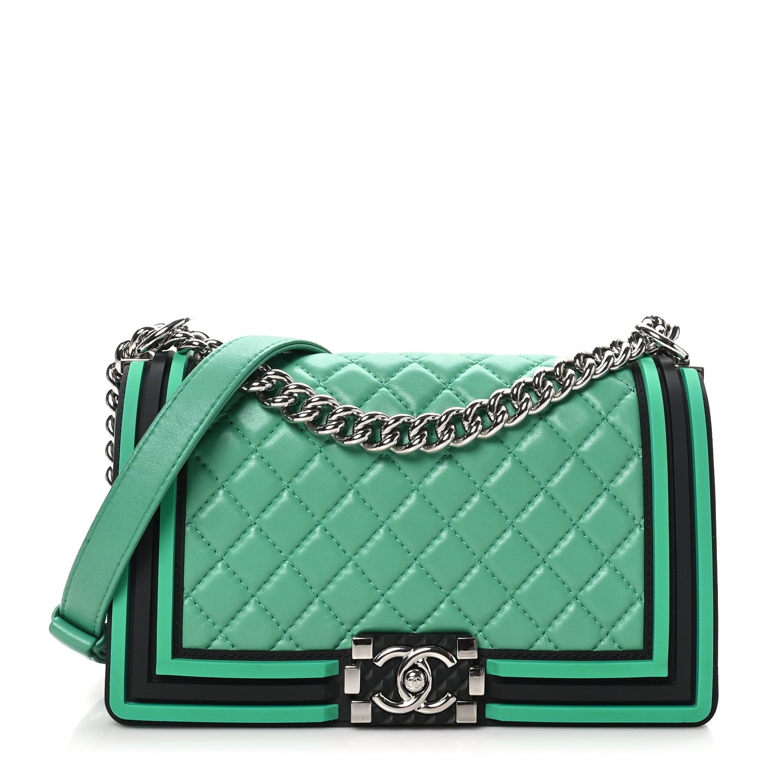 Lambskin Rubber Quilted Medium Two Tone Boy Flap Green Black